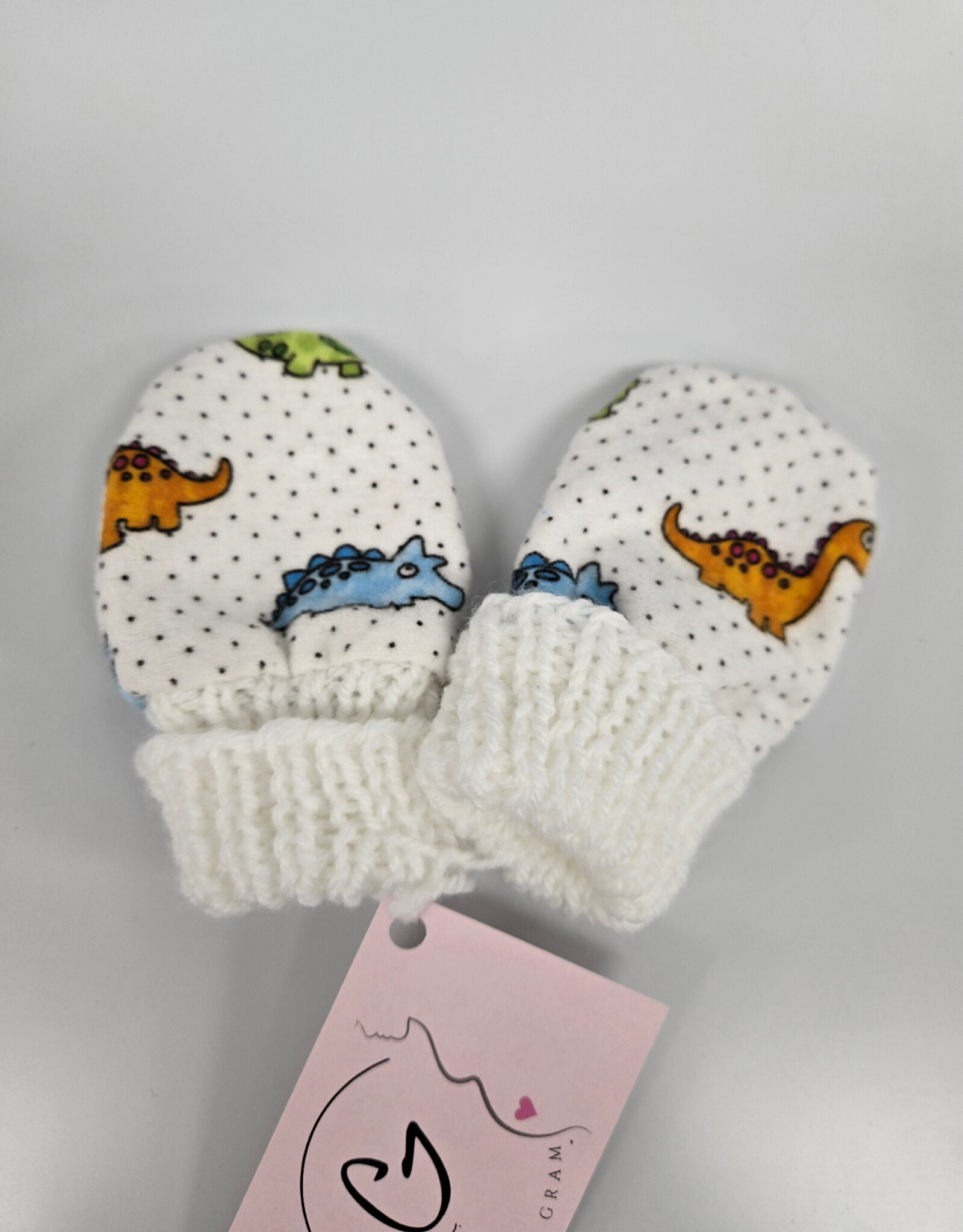 Flannel Mitts - White Dinosaur