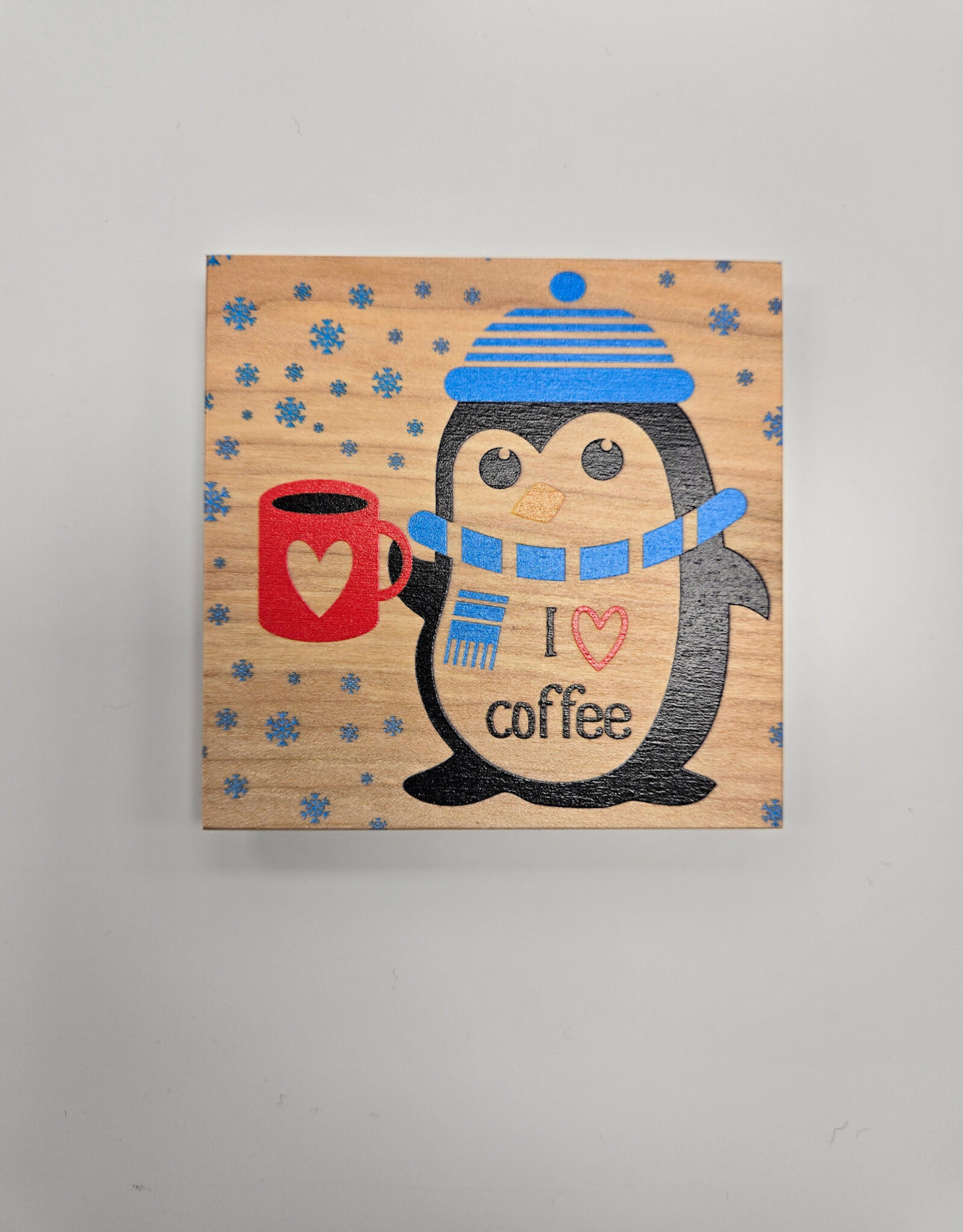 Solid Maple Wood Coaster #1721  - Penguin Coffee