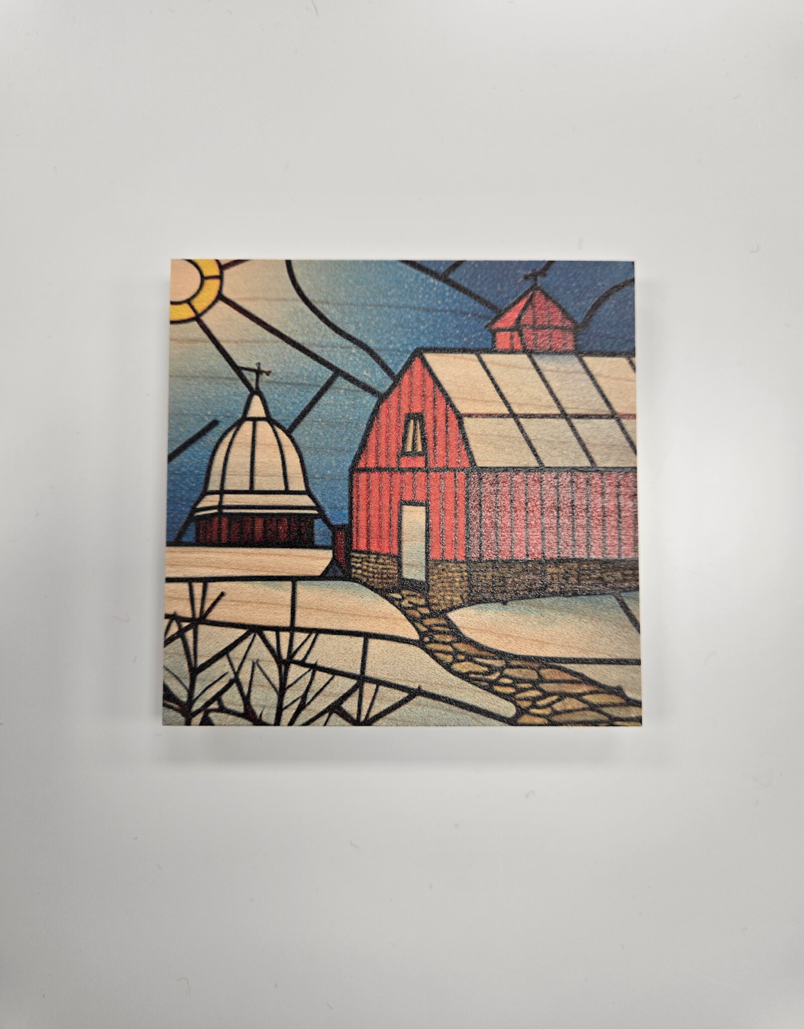 Solid Maple Wood Coaster #1629  - Winter Barn & Church