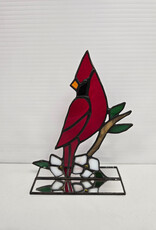 Stained Glass Cardinal w/flowers on mirror stand