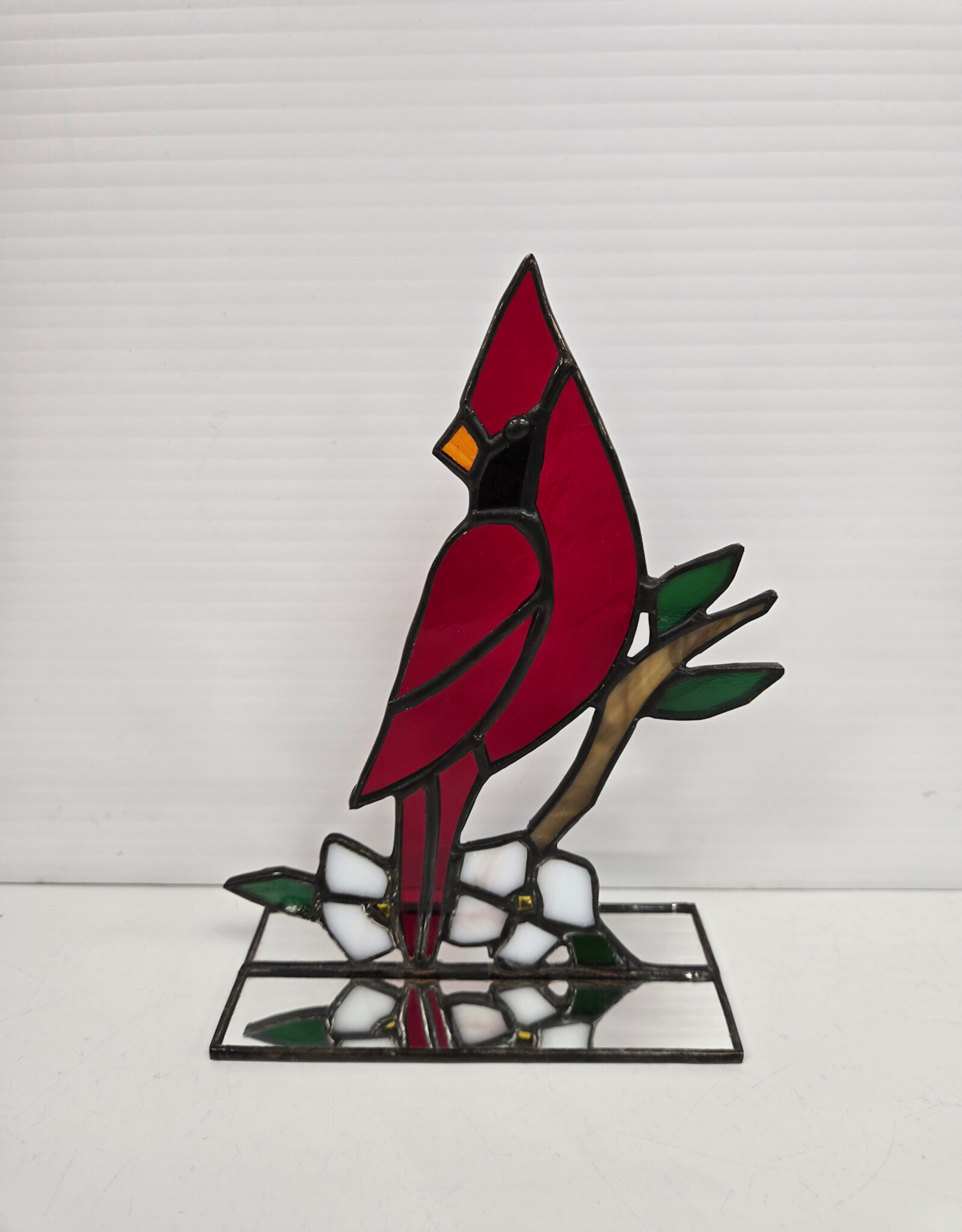 Stained Glass Cardinal w/flowers on mirror stand