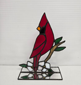 Stained Glass Cardinal w/flowers on mirror stand