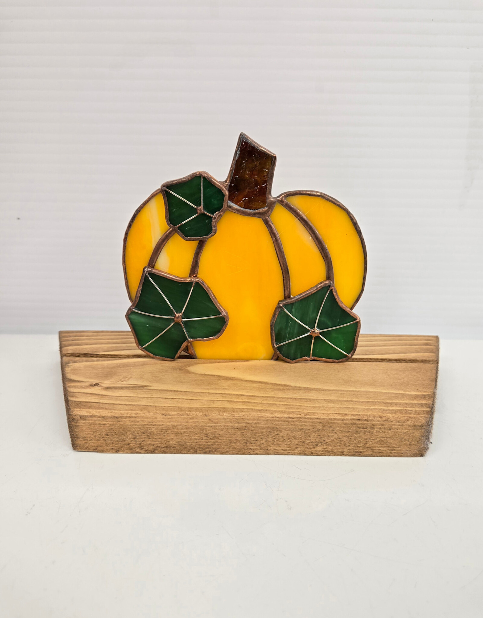 Stained Glass Pumpkin on wooden stand - 4.5"