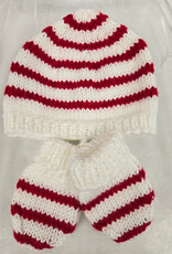 Knitted Hat & Mitt Set - White w/Red Stripes