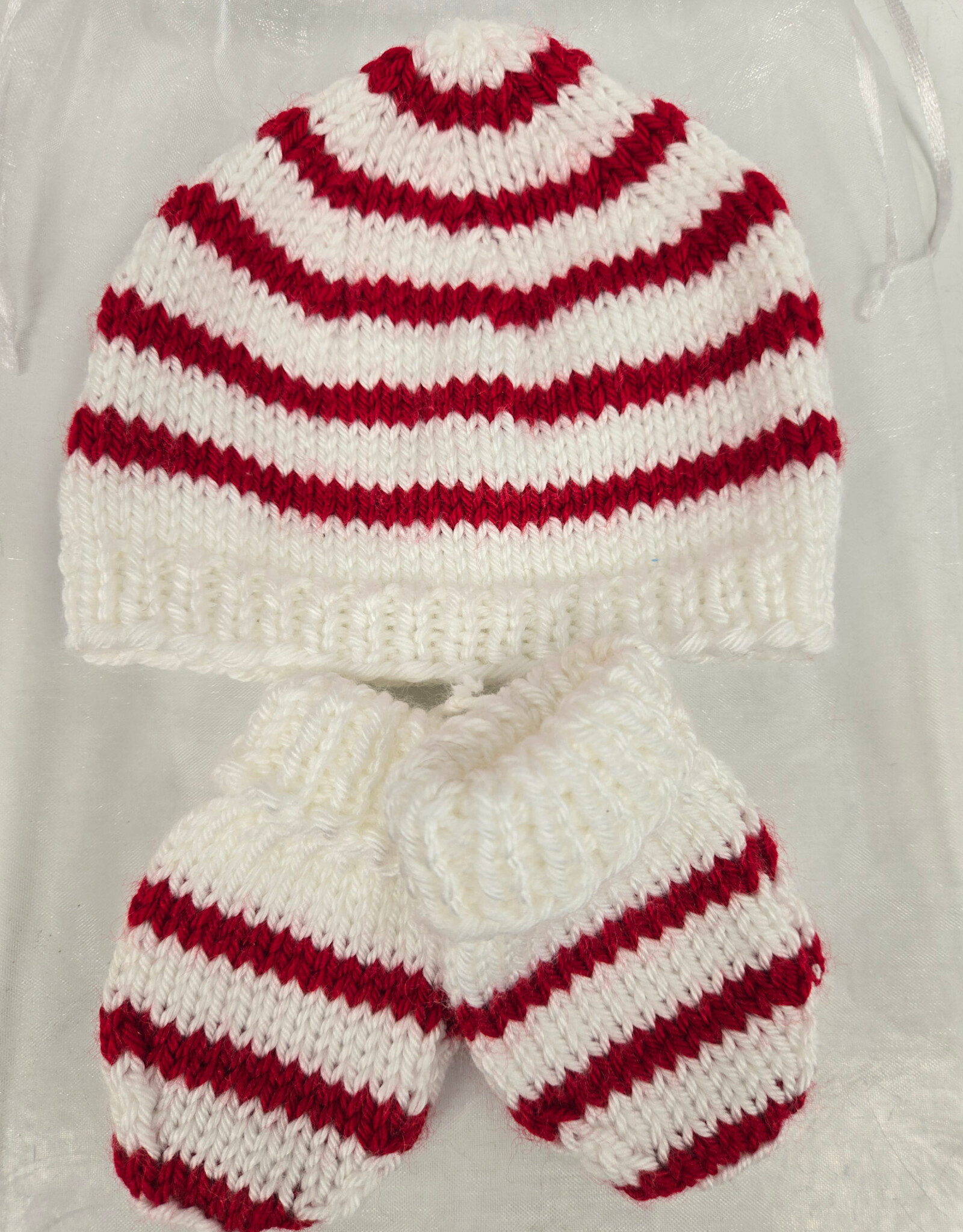 Knitted Hat & Mitt Set - White w/Red Stripes