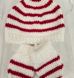 Knitted Hat & Mitt Set - White w/Red Stripes