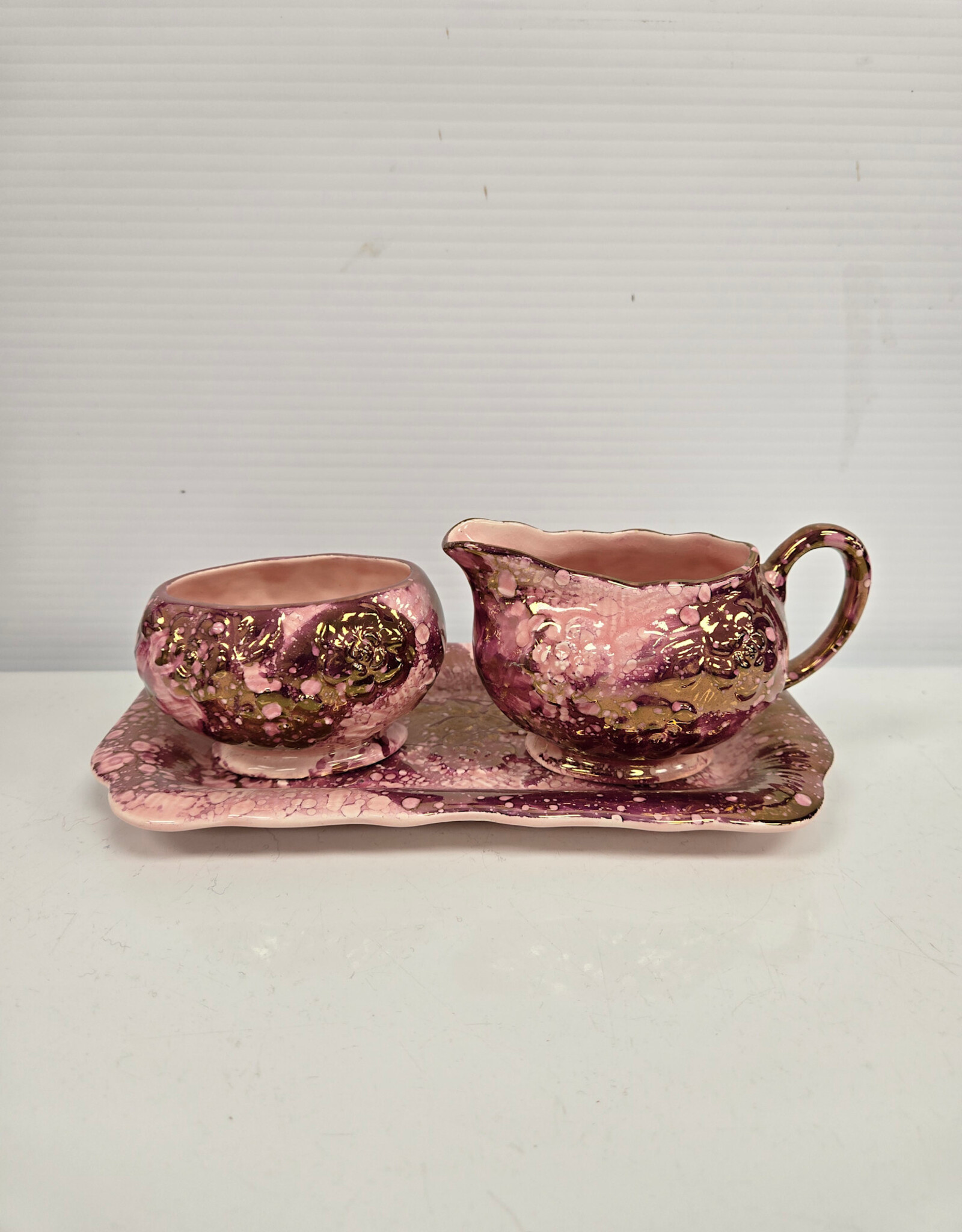 Pink Lustre Sandland Ware Cream & Sugar w/Tray -Staffordshire England