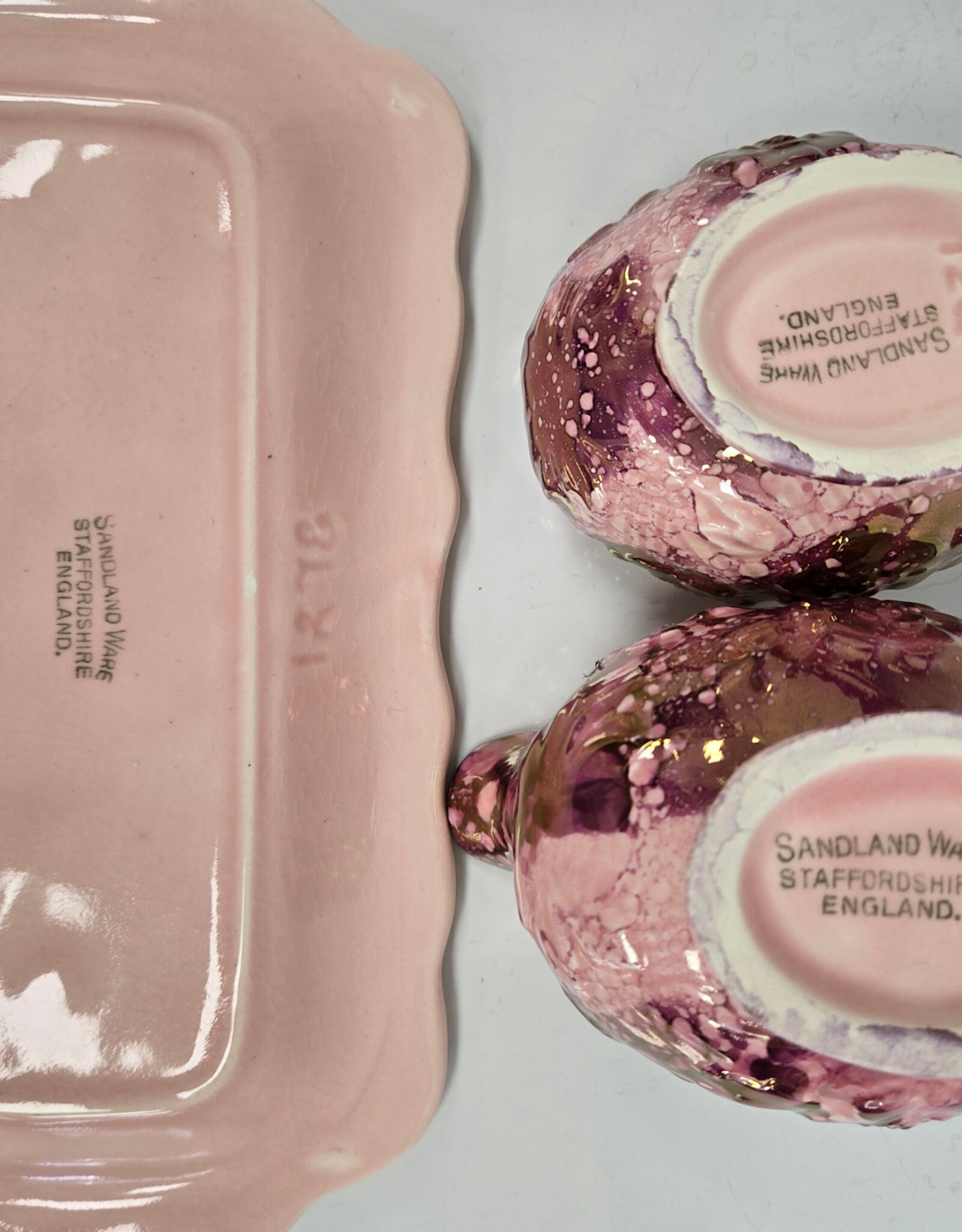 Pink Lustre Sandland Ware Cream & Sugar w/Tray -Staffordshire England