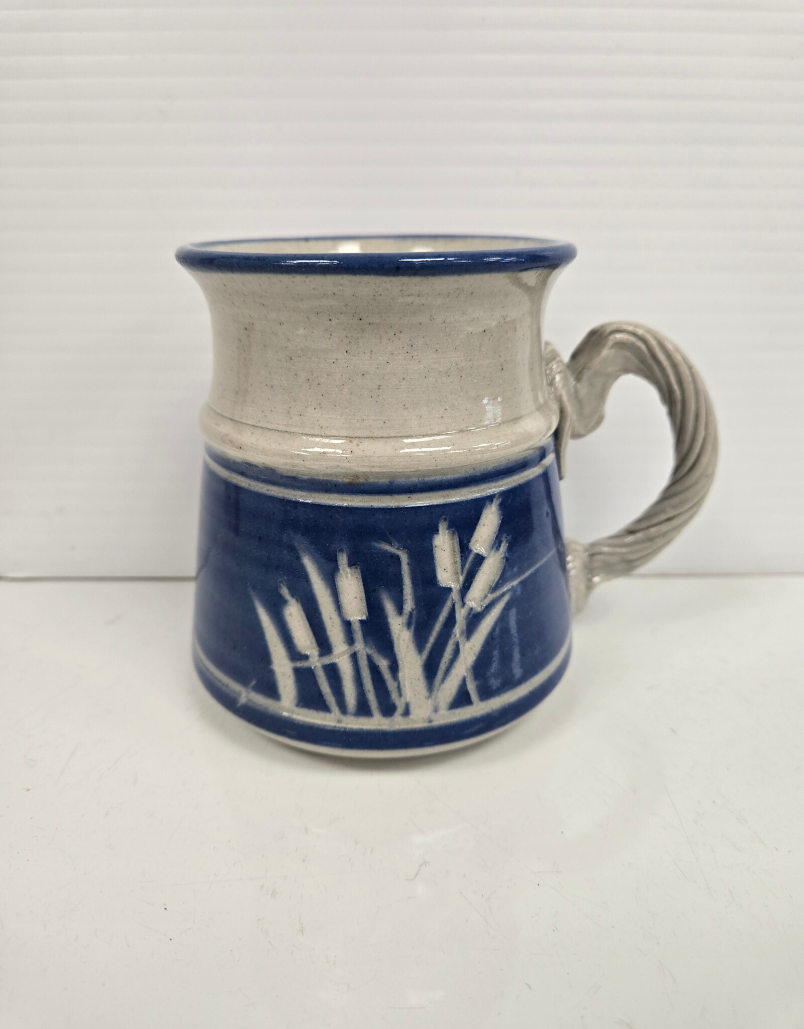 Handmade Blue Pottery Mug - bulrushes