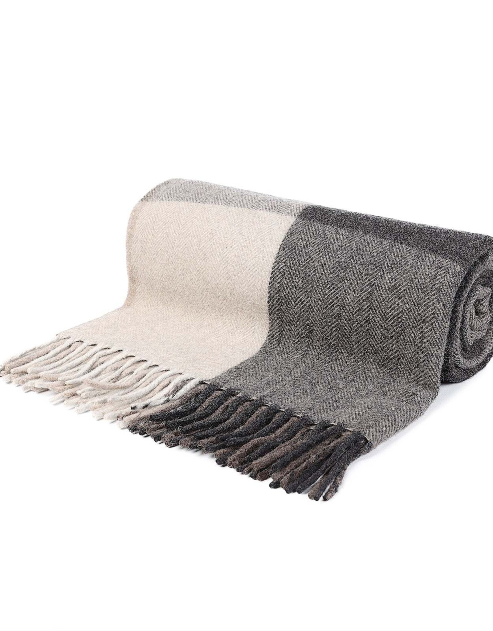 British & Irish Imports Herringbone Check Wool Blanket Taupe  Charcoal 72 x 60