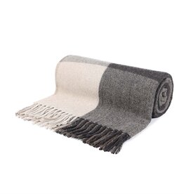 British & Irish Imports Herringbone Check Wool Blanket Taupe  Charcoal 72 x 60