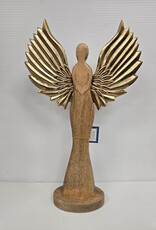 18" Wooden Angel Figurine w/Gold Metal Wings