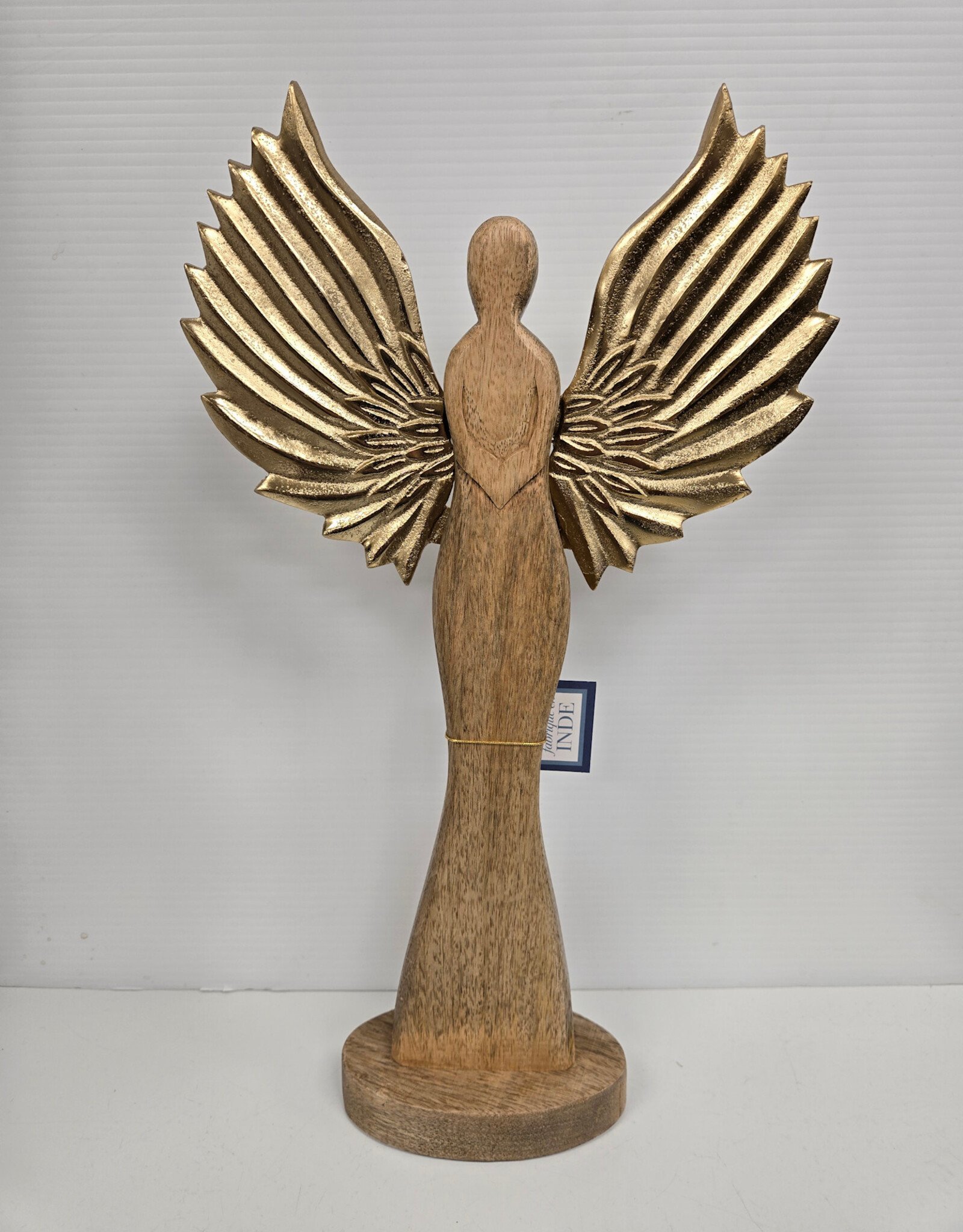 18" Wooden Angel Figurine w/Gold Metal Wings