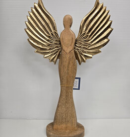 18" Wooden Angel Figurine w/Gold Metal Wings