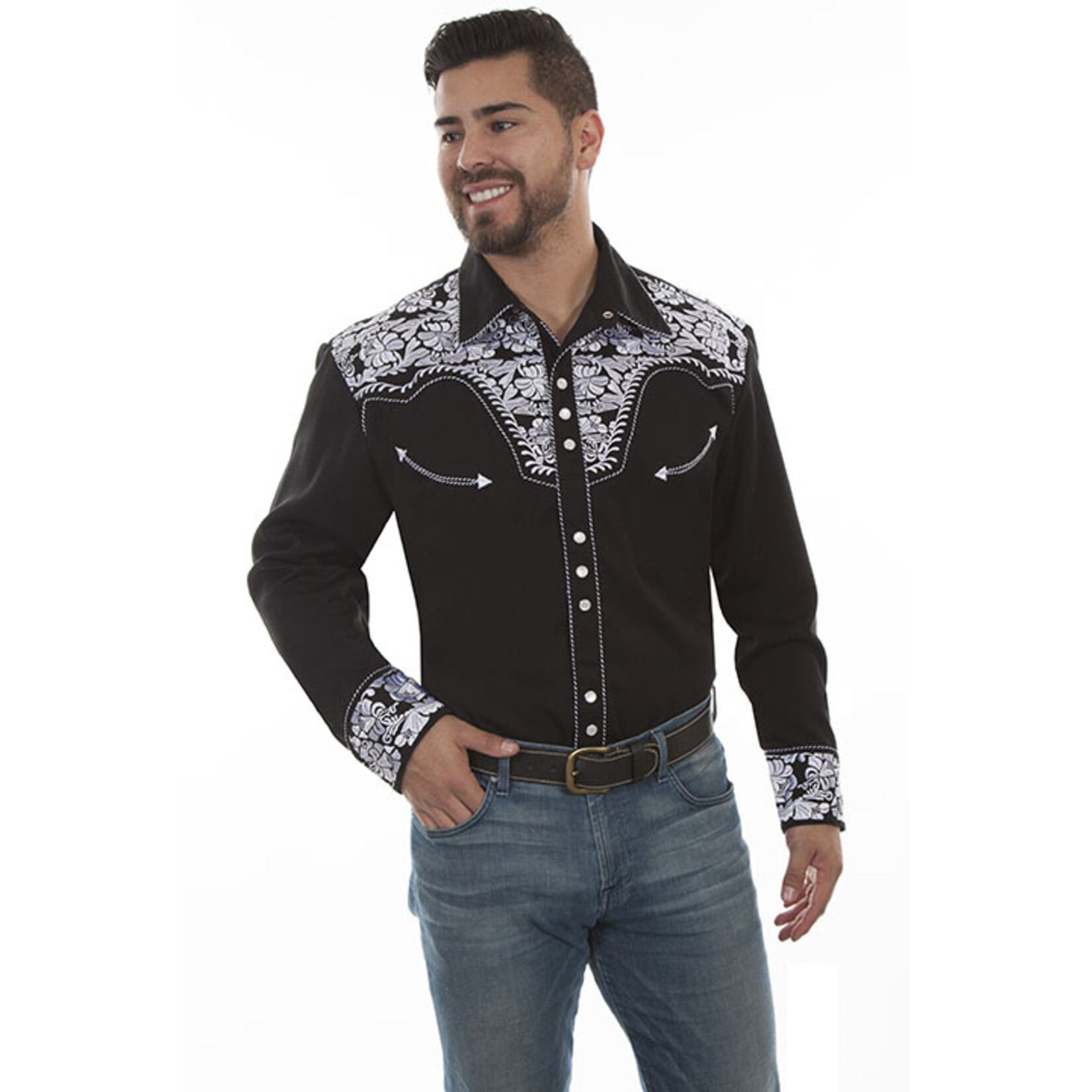 Scully Embroidered Shirt Black/White Floral P-634