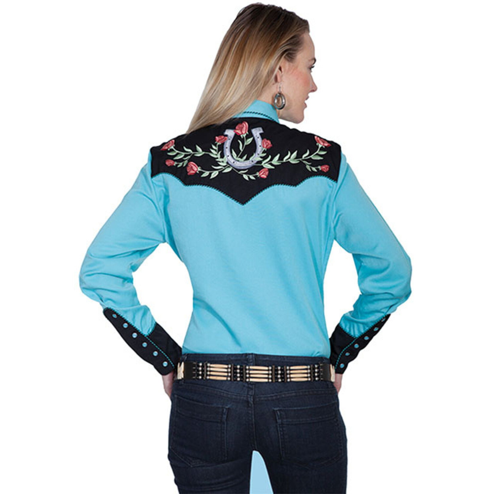 Scully Ladies Horseshoe Rose Turquoise Shirt PL-637