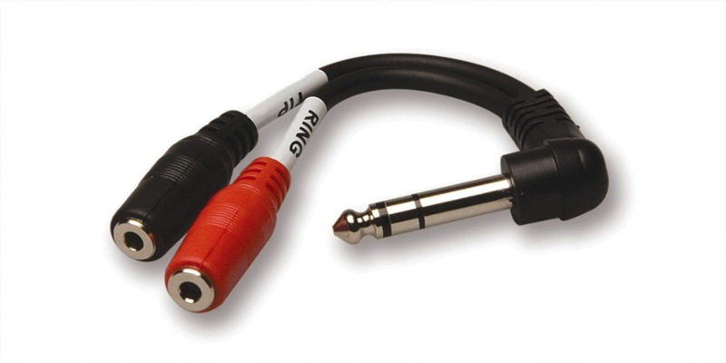 Hosa Y-Cable, Right-Angle 1/4” Stereo Male to Dual 3.5mm Stereo Female