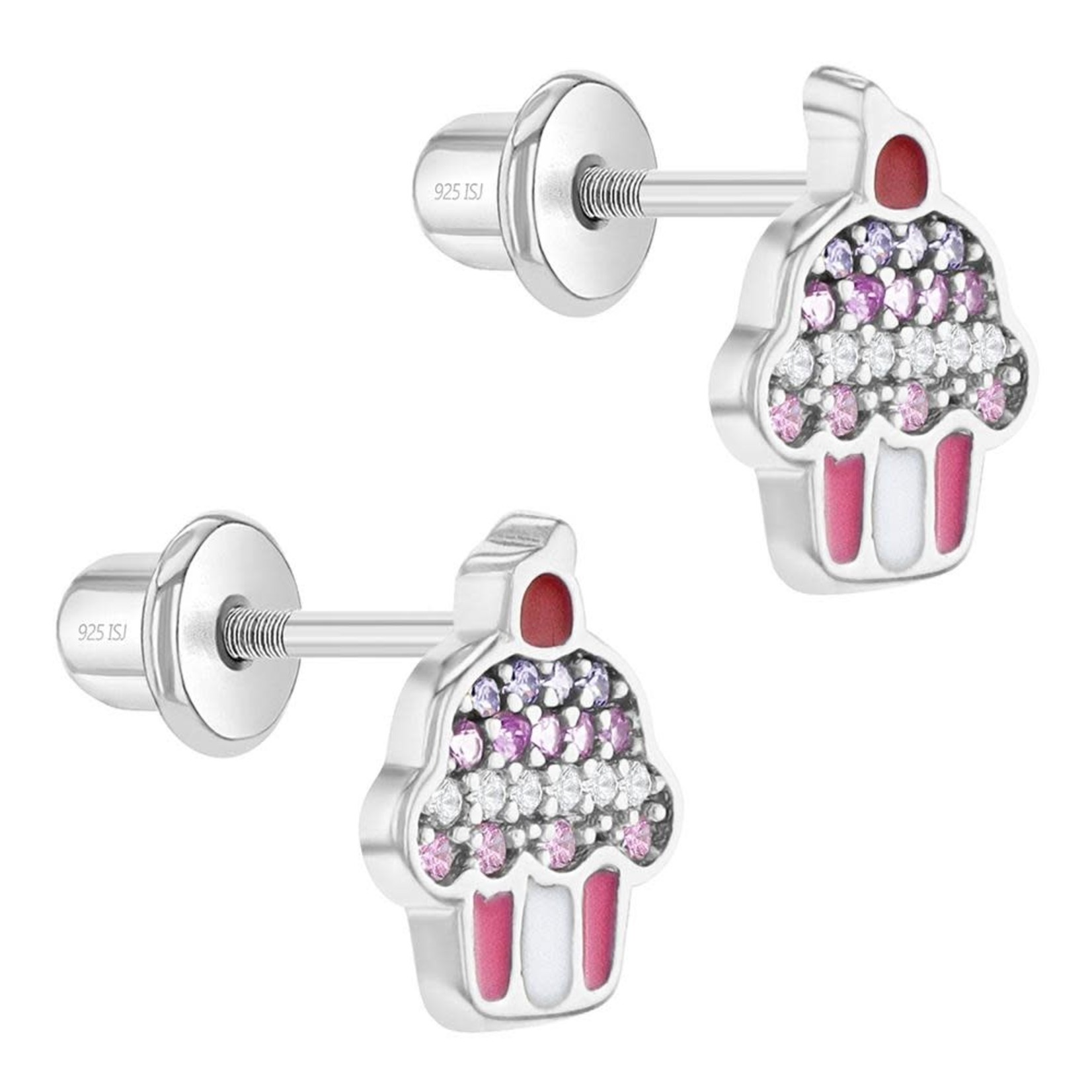 In Season Jewelry Sterling Silver Colorful Enamel CZ Cupcake Screw Back Earrings
