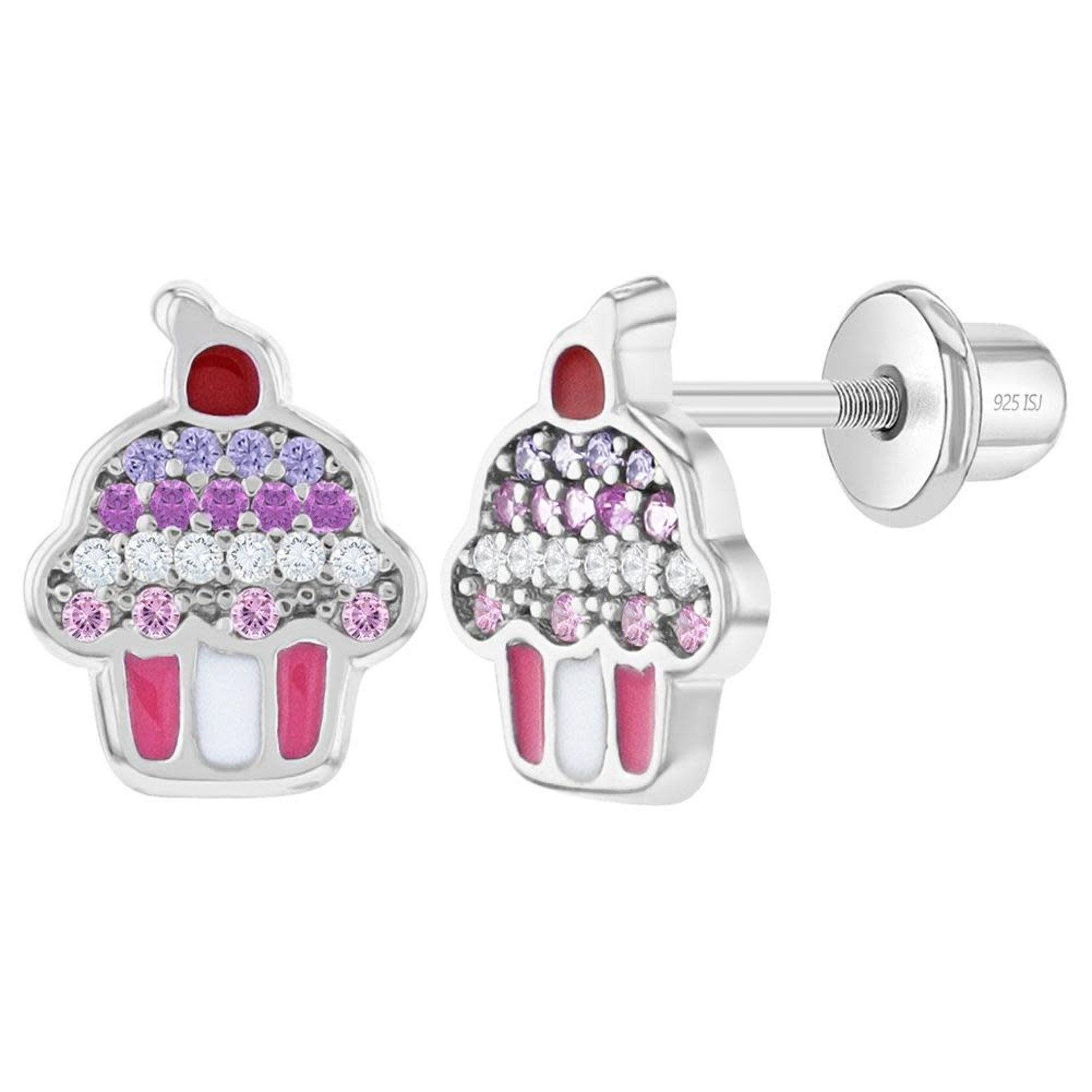 In Season Jewelry Sterling Silver Colorful Enamel CZ Cupcake Screw Back Earrings