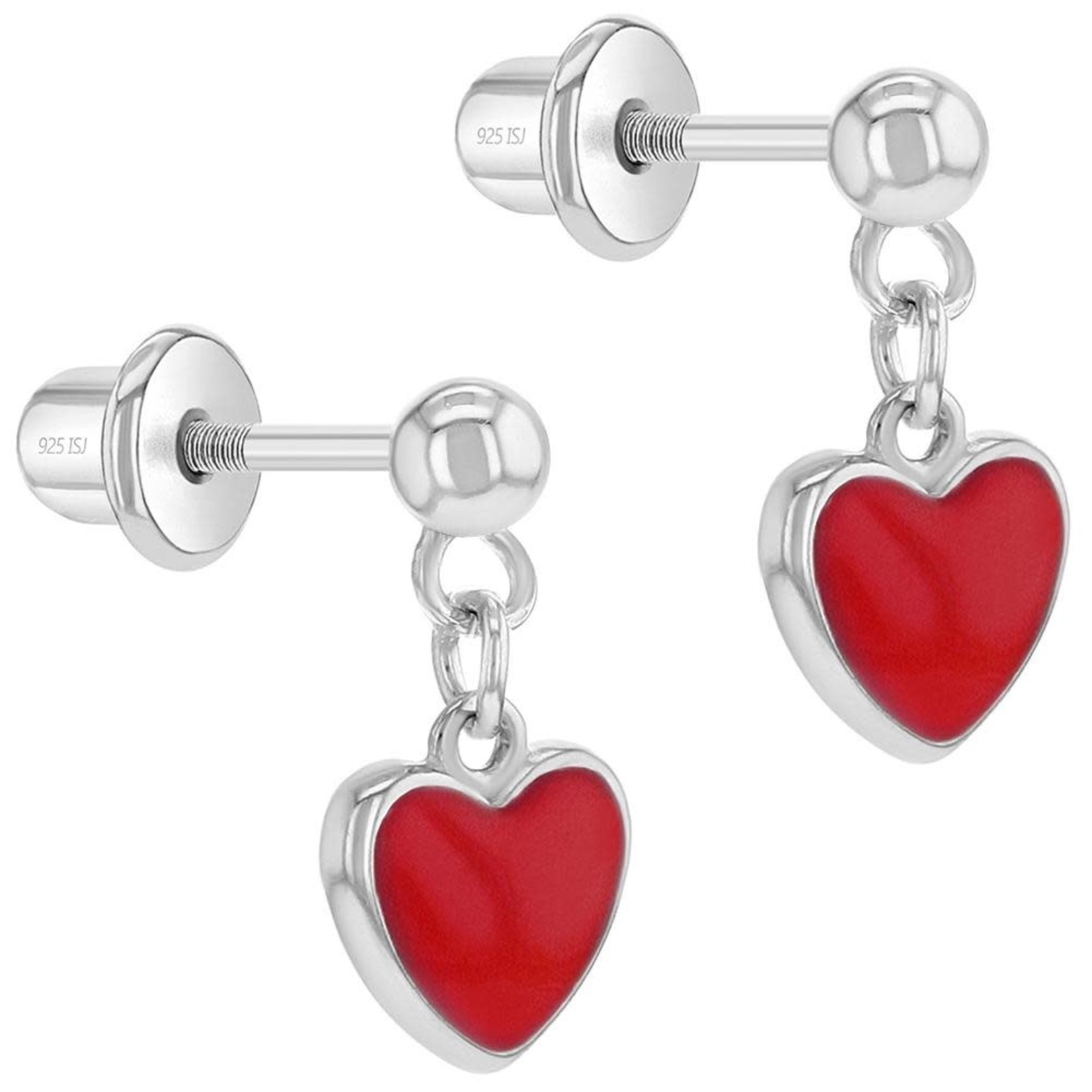 In Season Jewelry Sterling Silver Red Enamel Heart Dangle Screw Back Stud Earrings