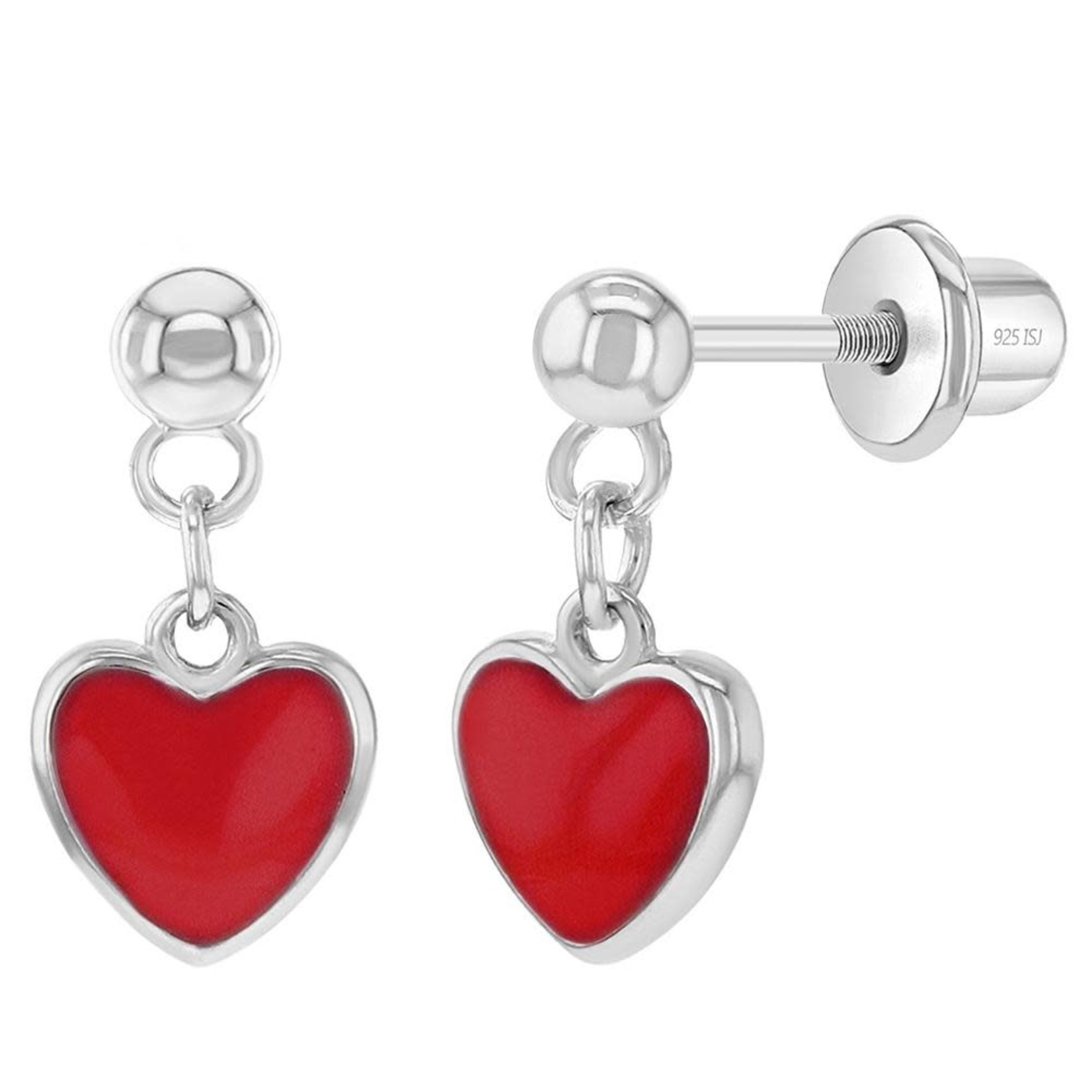 In Season Jewelry Sterling Silver Red Enamel Heart Dangle Screw Back Stud Earrings