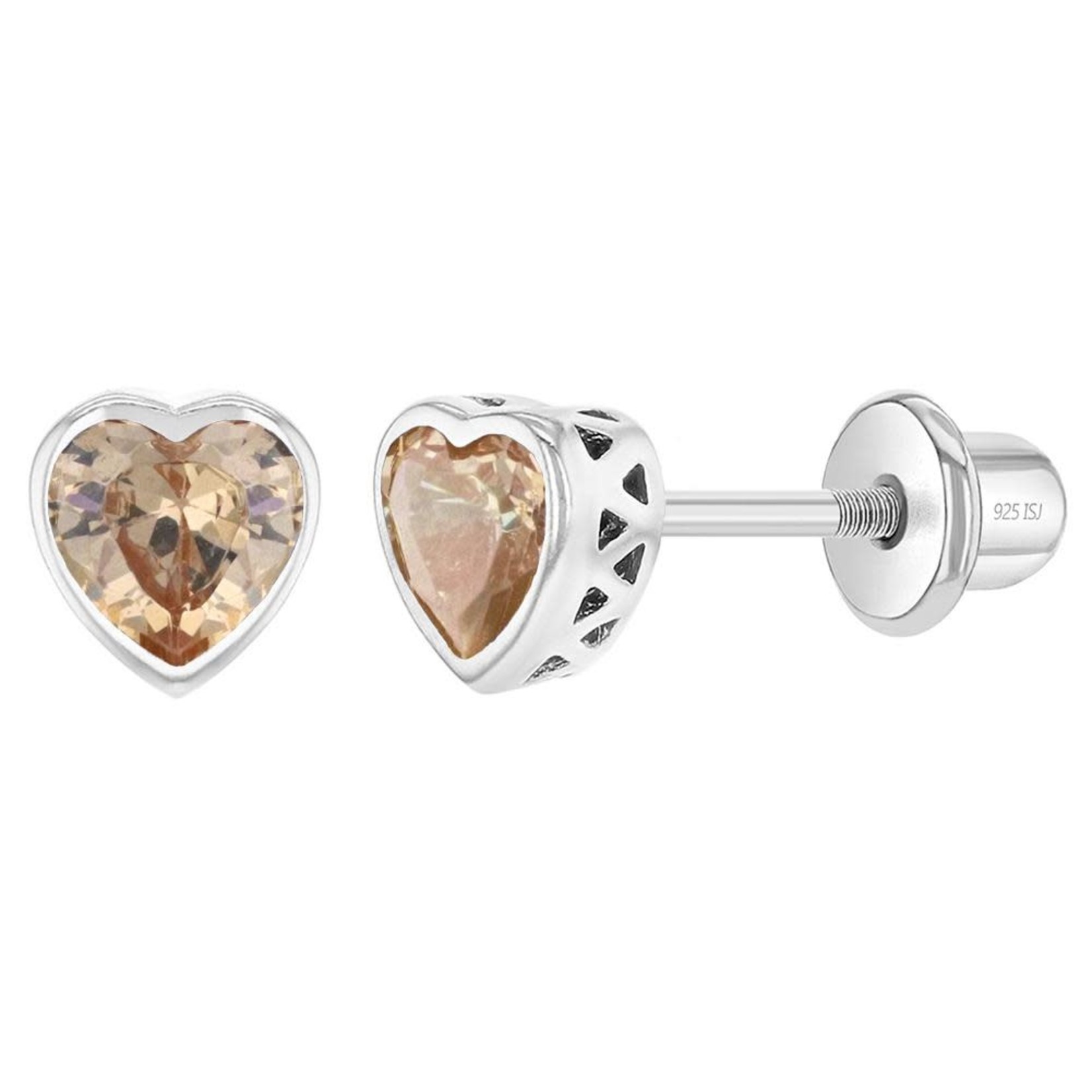 In Season Jewelry Sterling Silver CZ Birthstone Bezel Heart Screw Back Stud Earrings