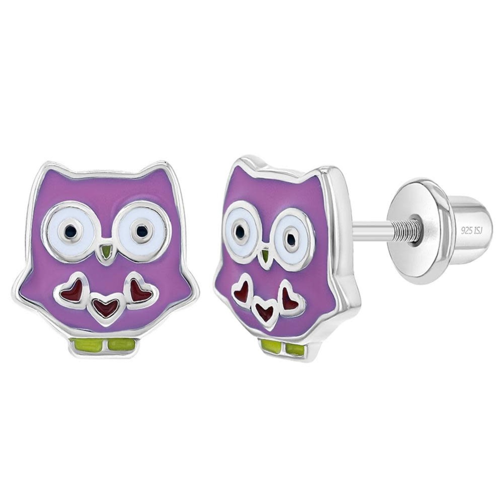 In Season Jewelry Sterling Silver Purple Enamel Owl Safety Screw Back Earrings