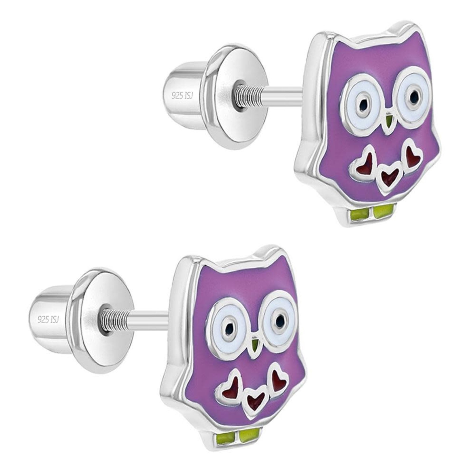 In Season Jewelry Sterling Silver Purple Enamel Owl Safety Screw Back Earrings