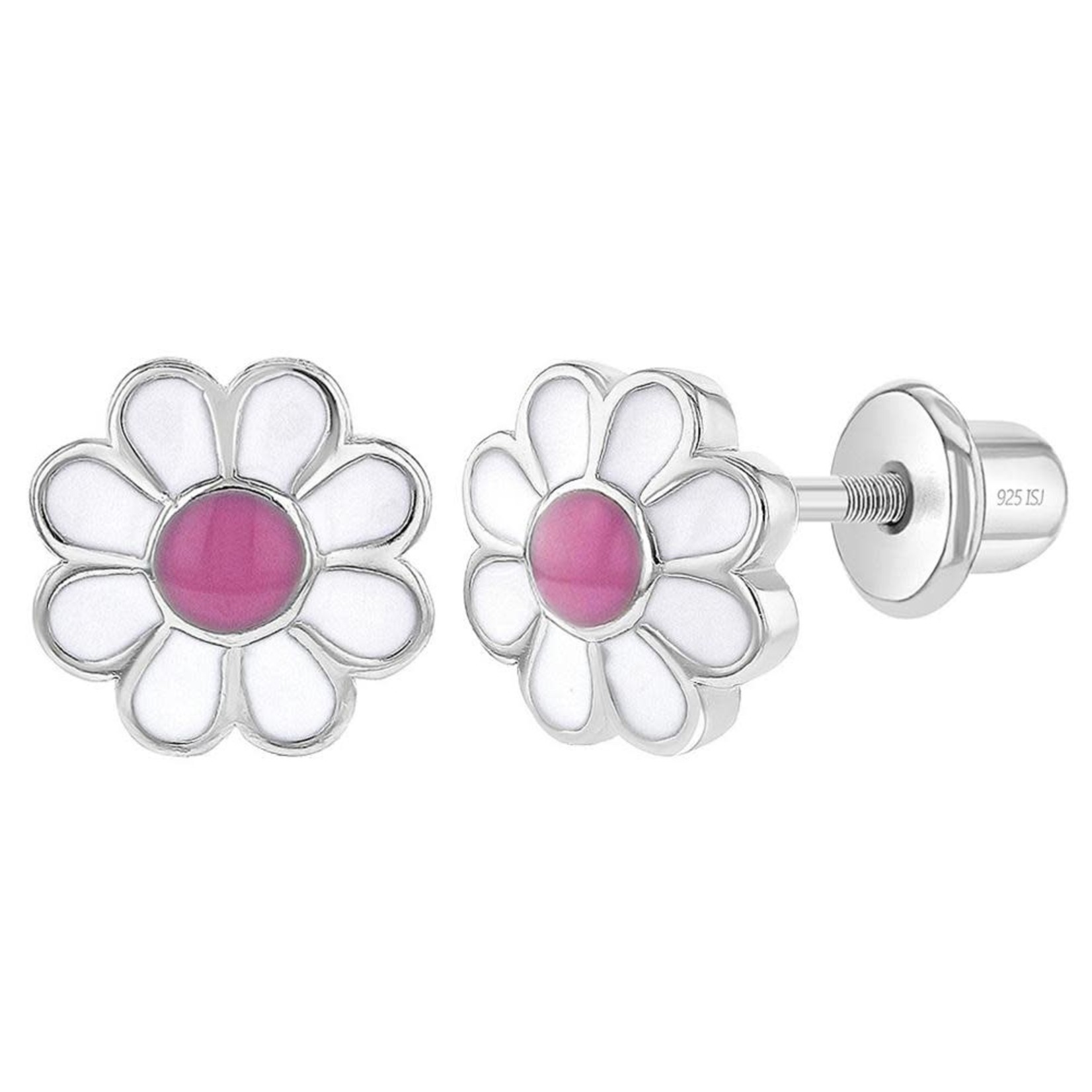 In Season Jewelry Sterling Silver Pink Enamel Daisy Flower Safety Screw Back Earrings