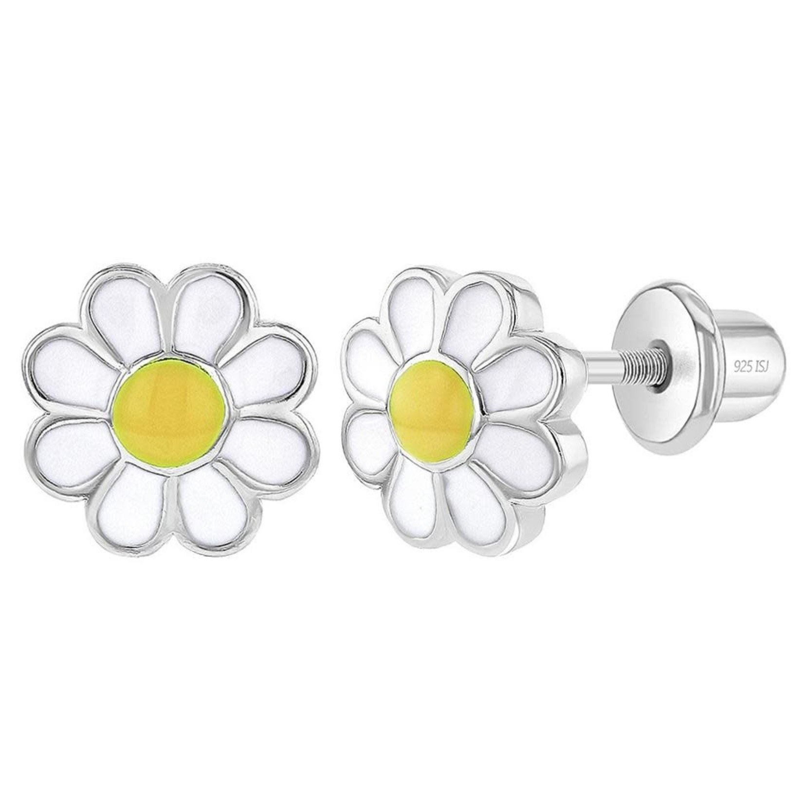 In Season Jewelry Sterling Silver Yellow Enamel Daisy Flower Safety Screw Back Earrings