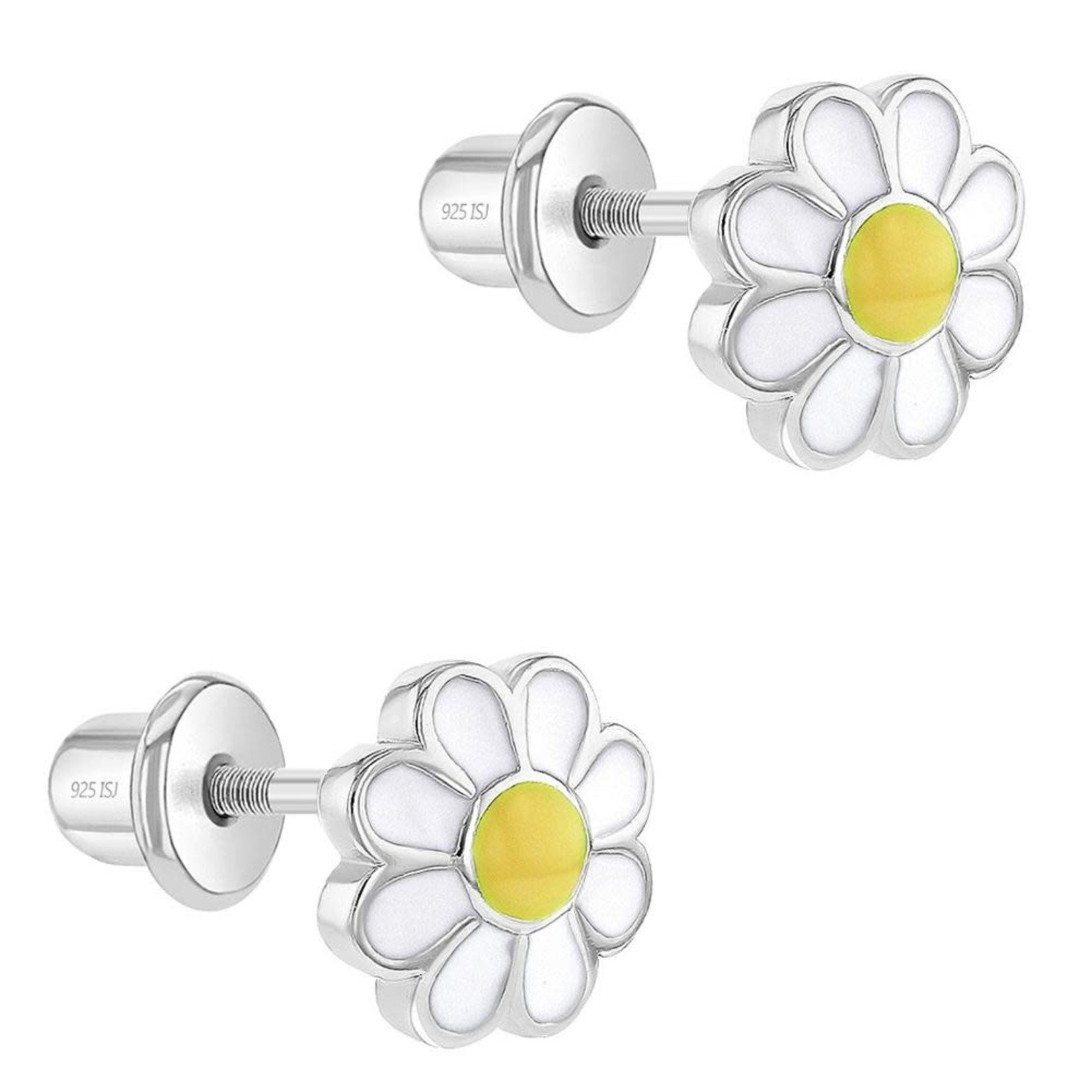 In Season Jewelry Sterling Silver Yellow Enamel Daisy Flower Safety Screw Back Earrings