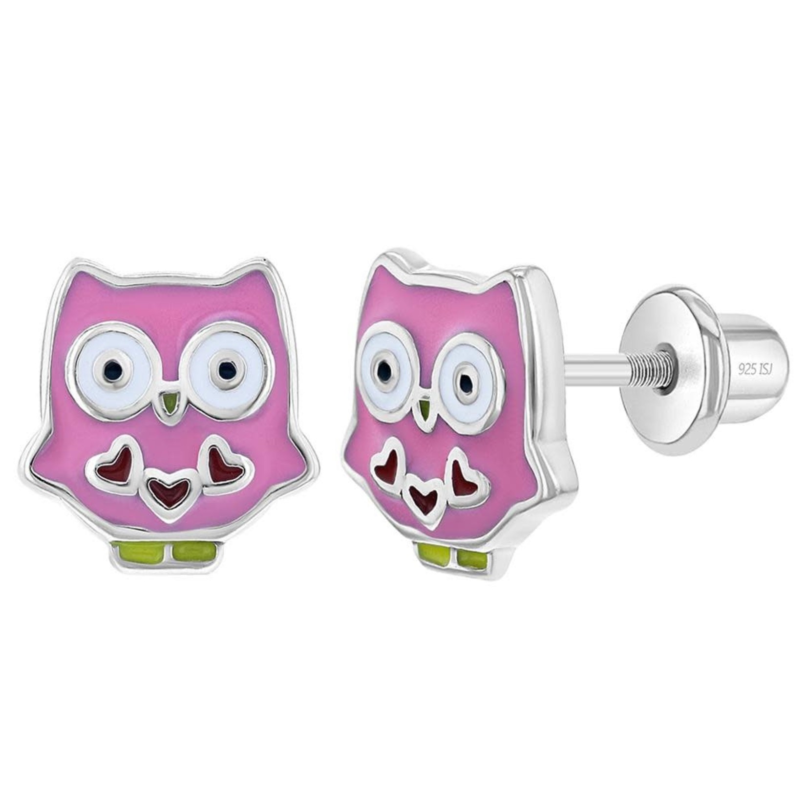 In Season Jewelry Silver Pink Enamel Owl Safety Screw Back Earrings