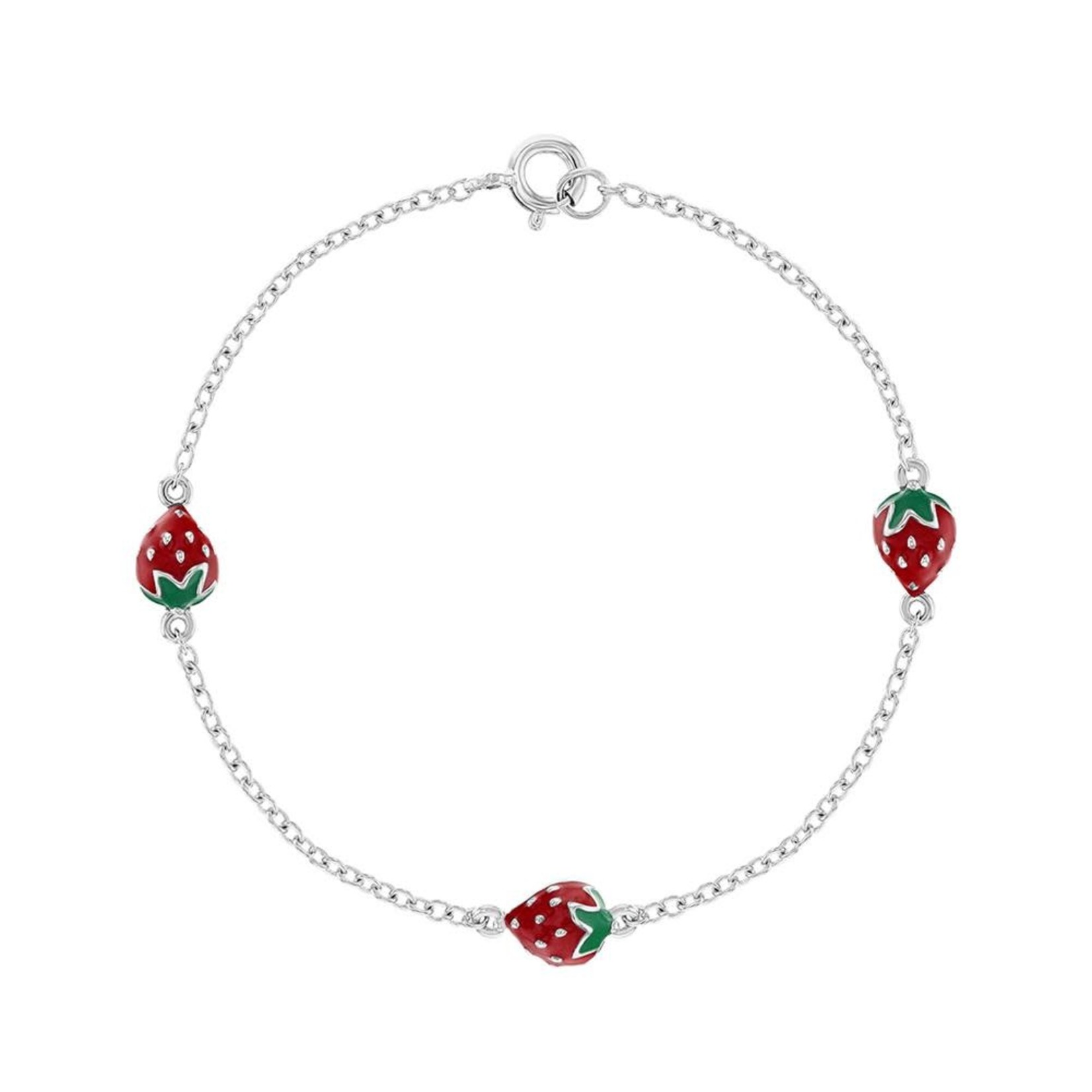 In Season Jewelry Silver 6" Cute Red Enamel Strawberries Bracelet