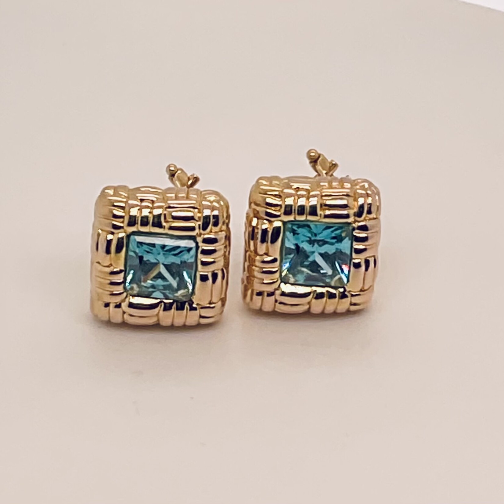 14k yellow gold blue topaz vintage earrings