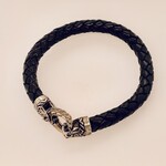 Braided Black Leather Bracelet/ Vintage Hammered Clasp