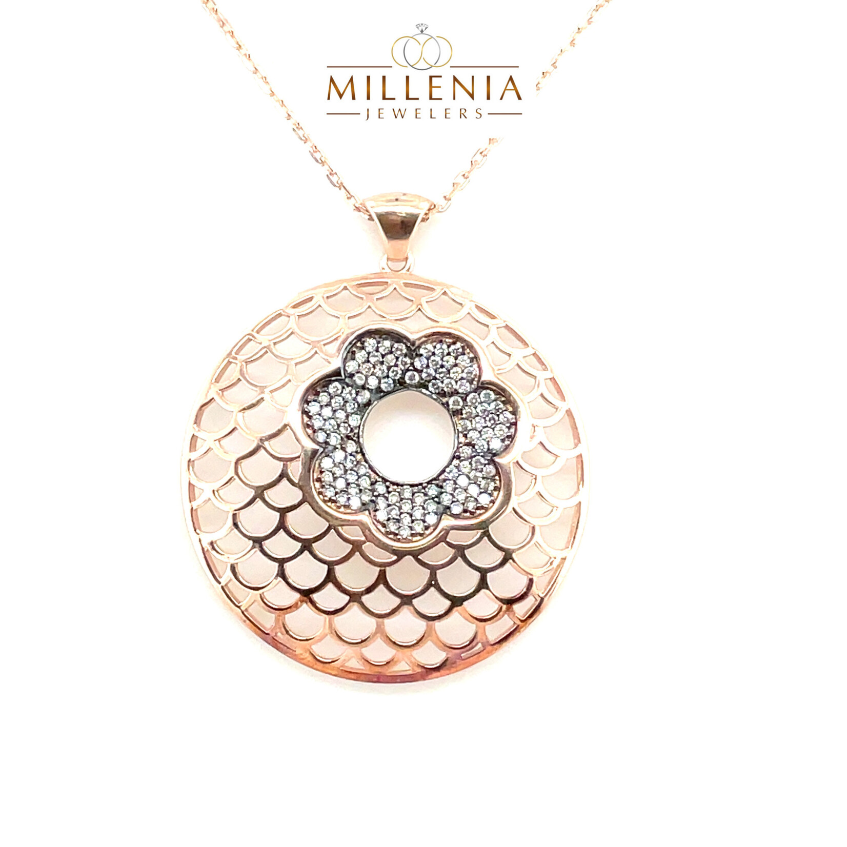 Rose Gold Plated Sterling Silver Chain & Round Pendant Necklace Set