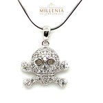 Sterling Silver 16" Snake Chain & Pave Skull & Crossbone Necklace