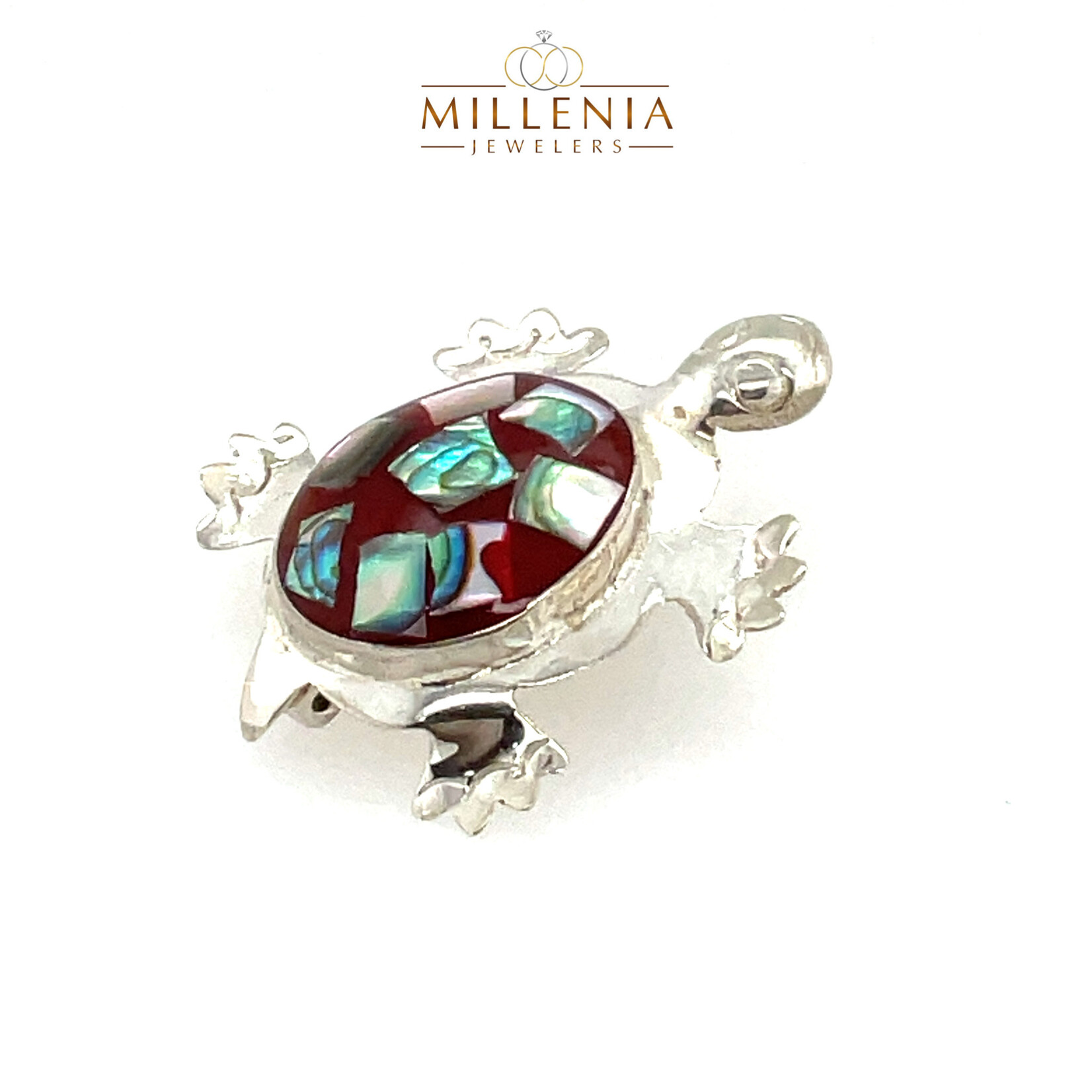 Vintage Alpaca Sterling Silver & Abalone in Red Resin Turtle Pin