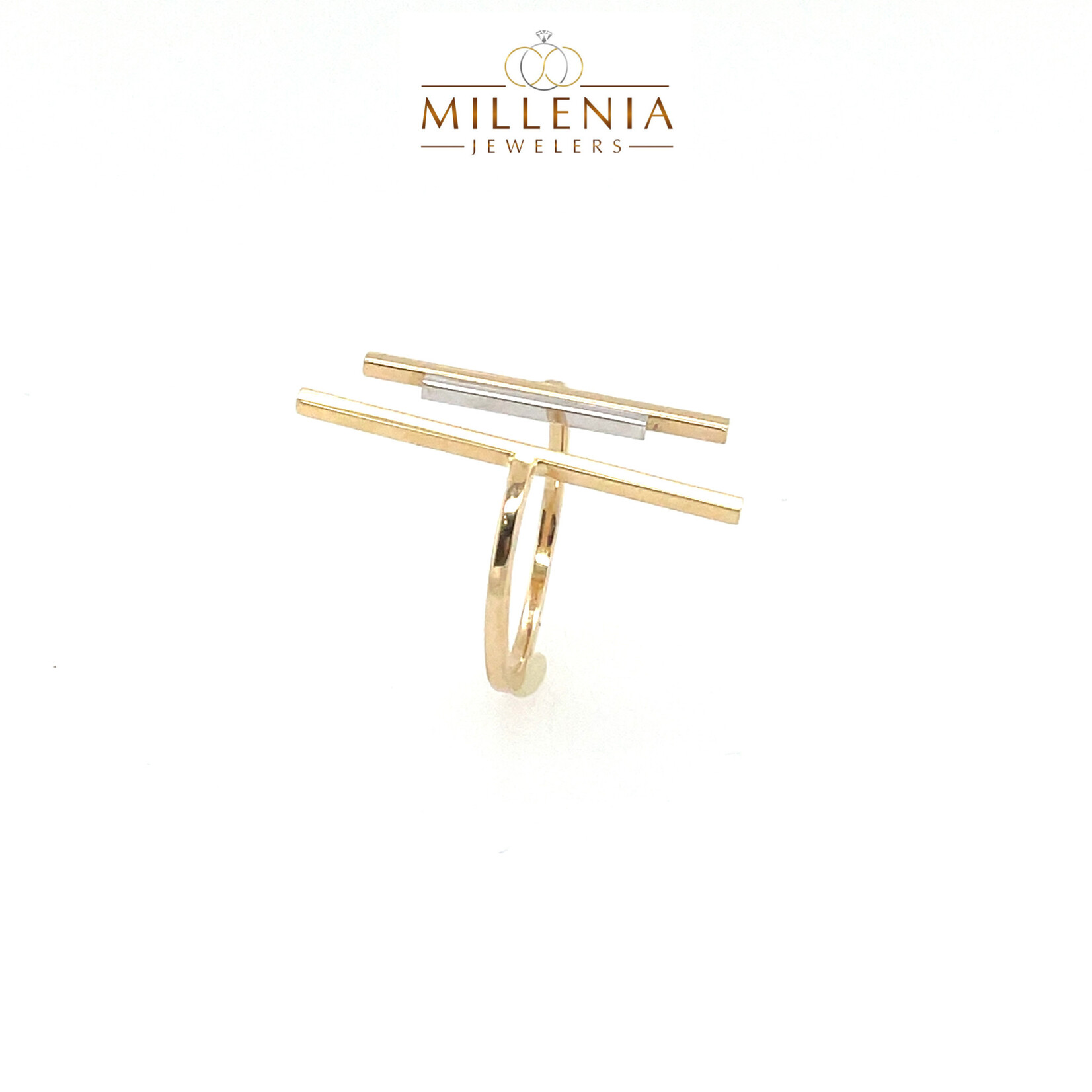 14K 2 Tone Triple Bar Open Ring Adjustable Size