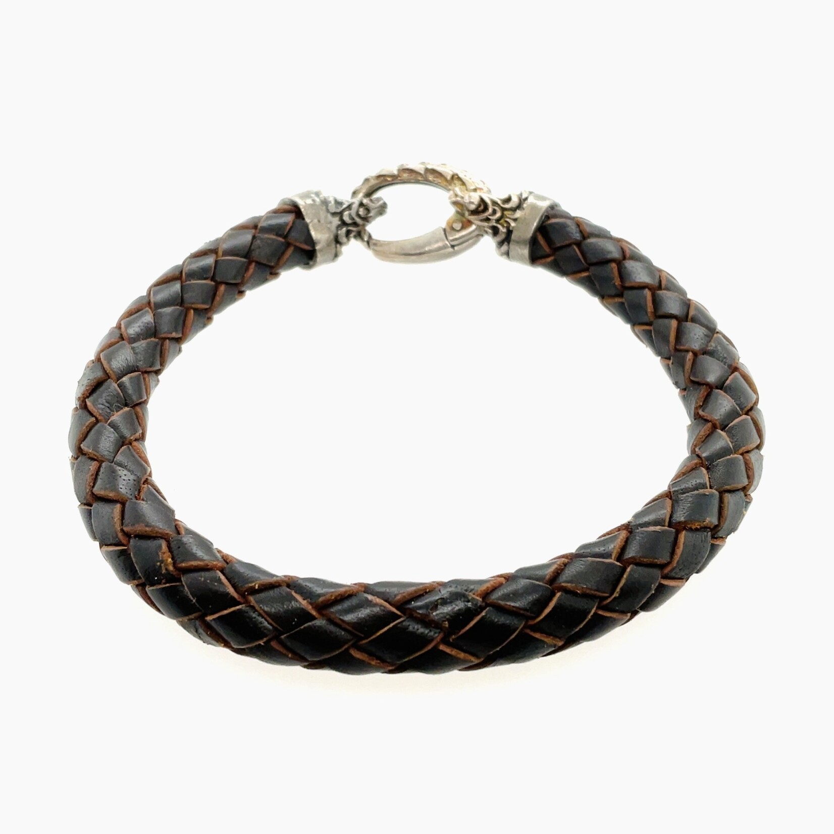 Braided Brown Leather Bracelet/ Vintage Hammered Clasp