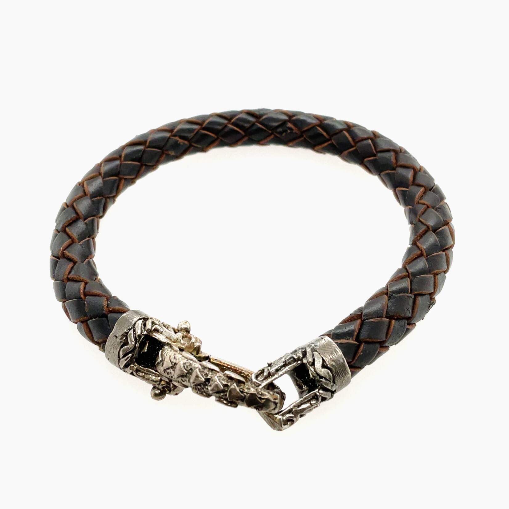 Braided Brown Leather Bracelet/ Vintage Hammered Clasp