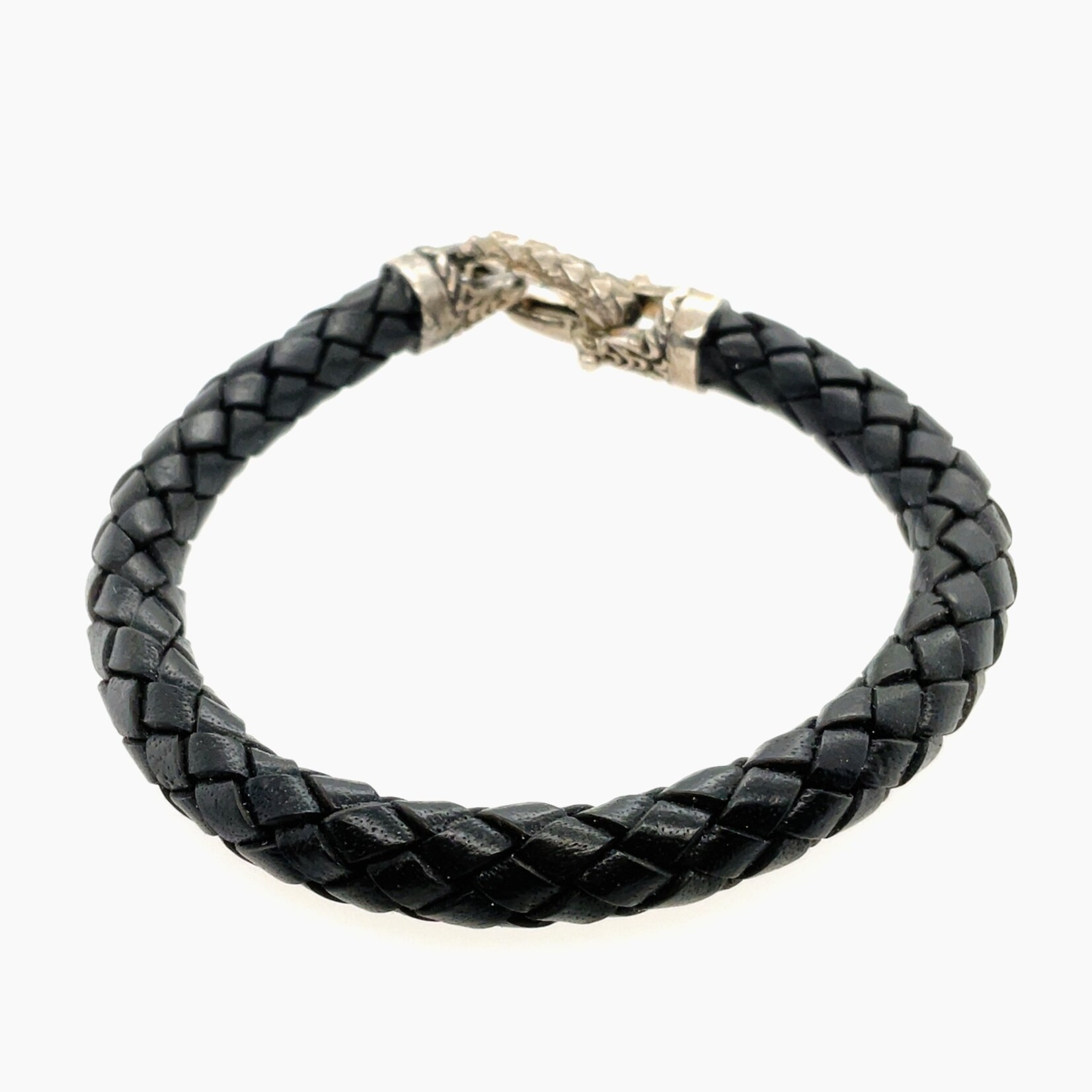 Braided Black Leather Bracelet/ Vintage Hammered Clasp