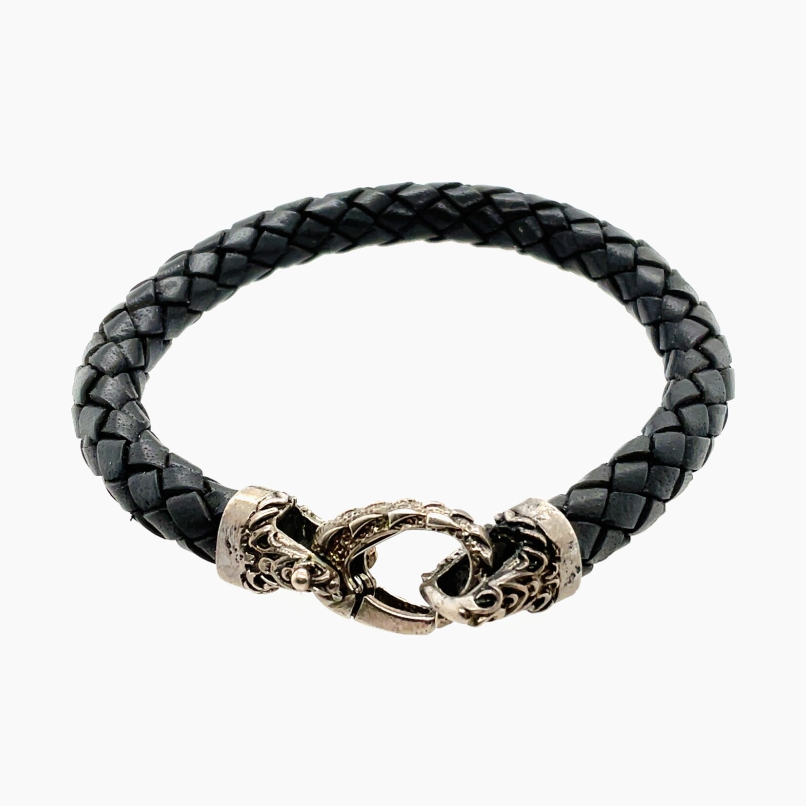 Braided Black Leather Bracelet/ Vintage Hammered Clasp