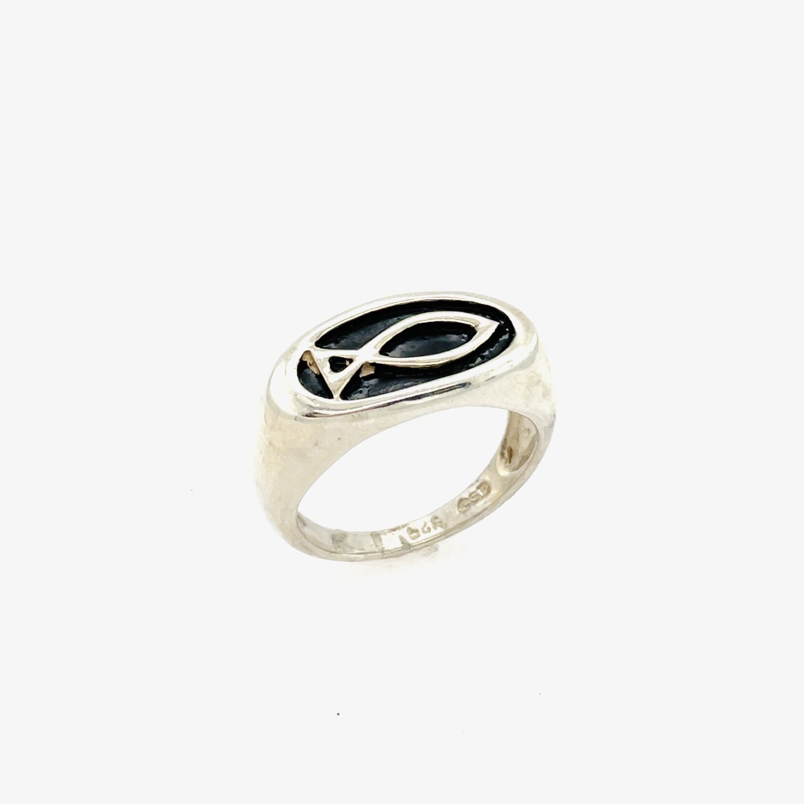 Silver Oxidized Ichthys Jesus Fish Carved Solid Band Ring Size 7