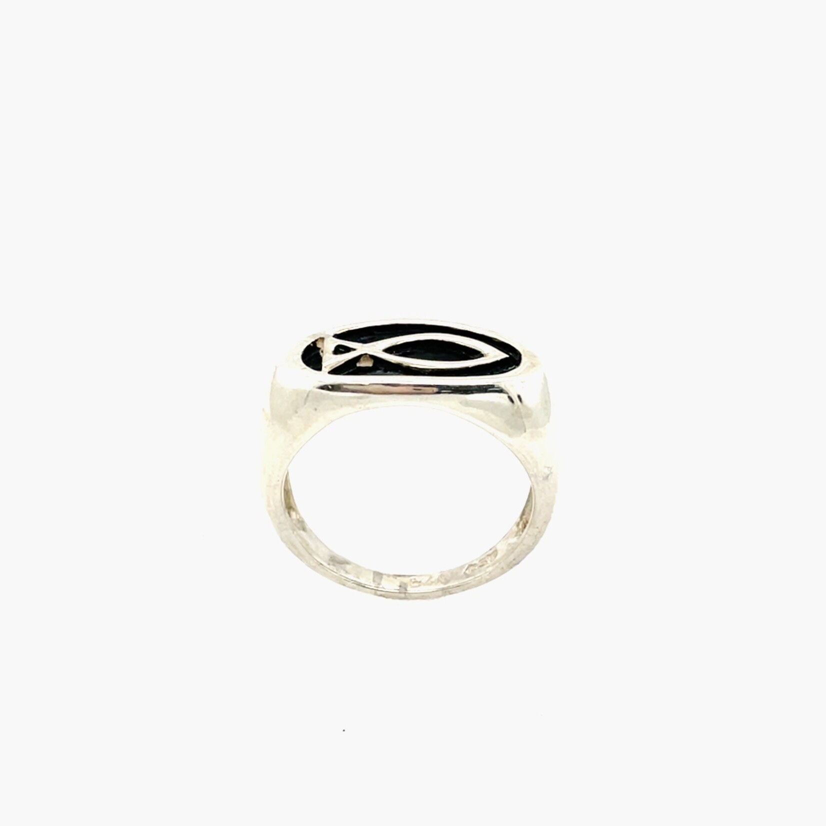 Silver Oxidized Ichthys Jesus Fish Carved Solid Band Ring Size 7