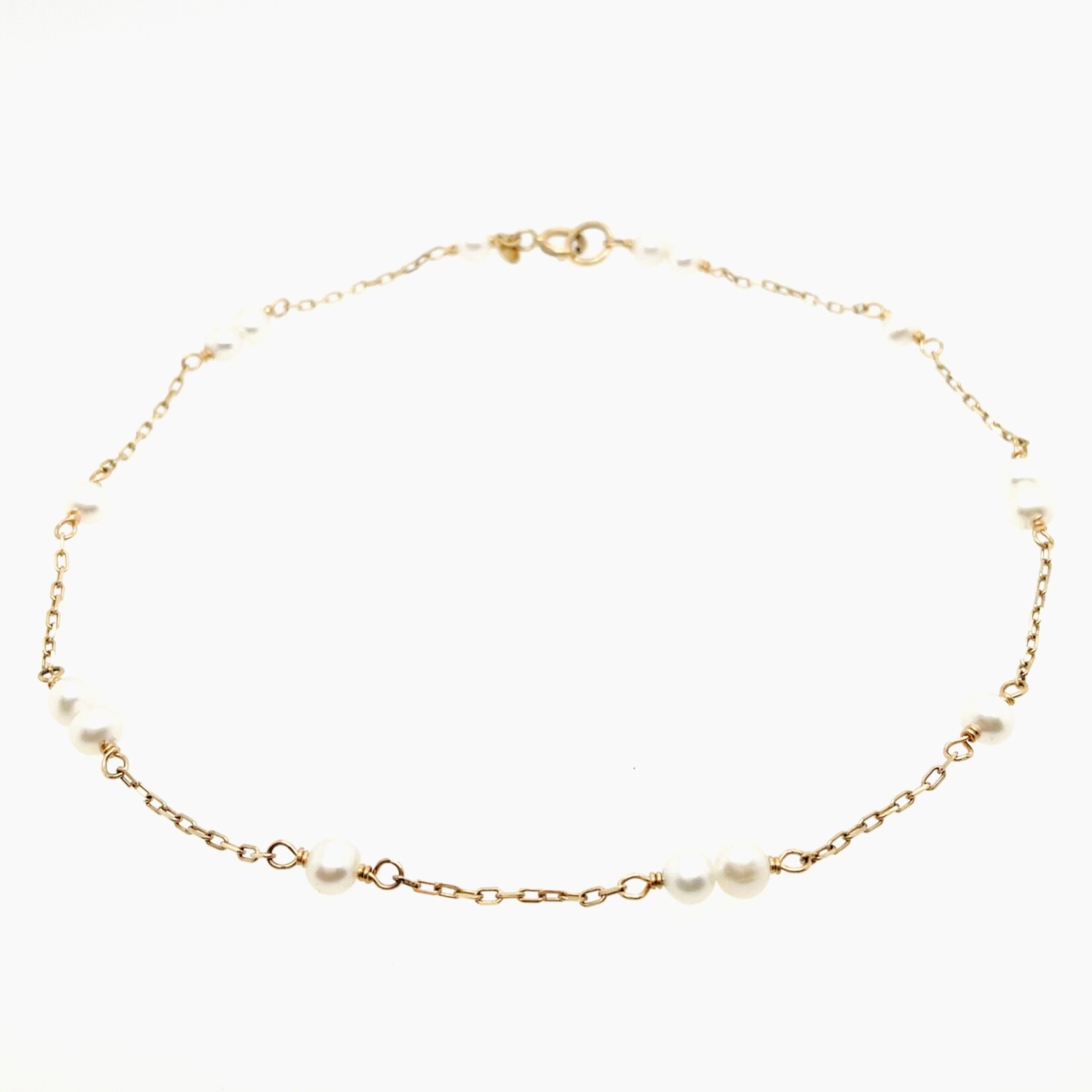 14 Kt Yellow Gold Peach White Pearl Anklet 9"