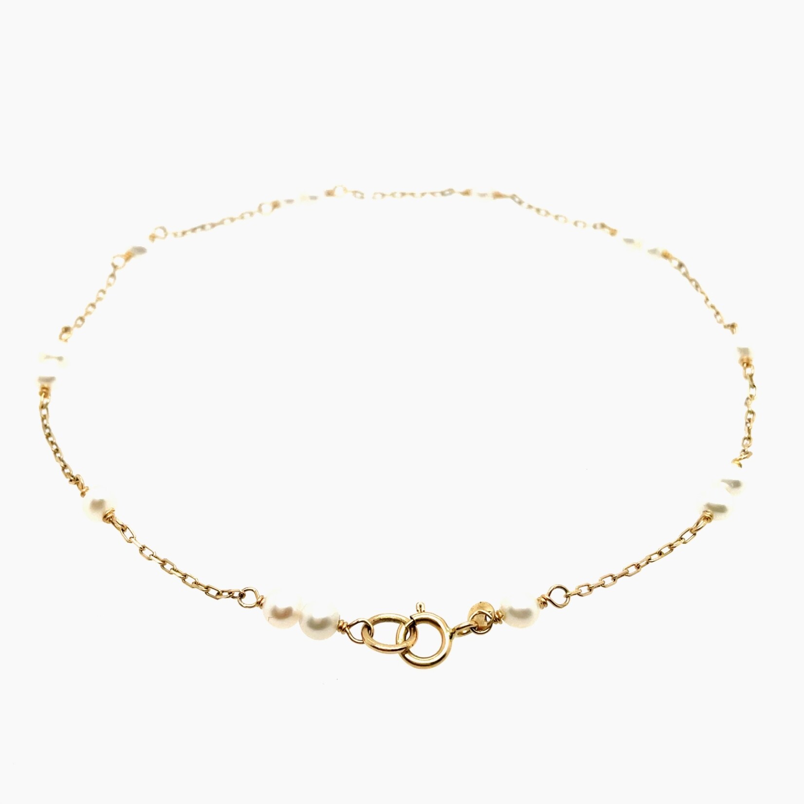 14 Kt Yellow Gold Peach White Pearl Anklet 9"