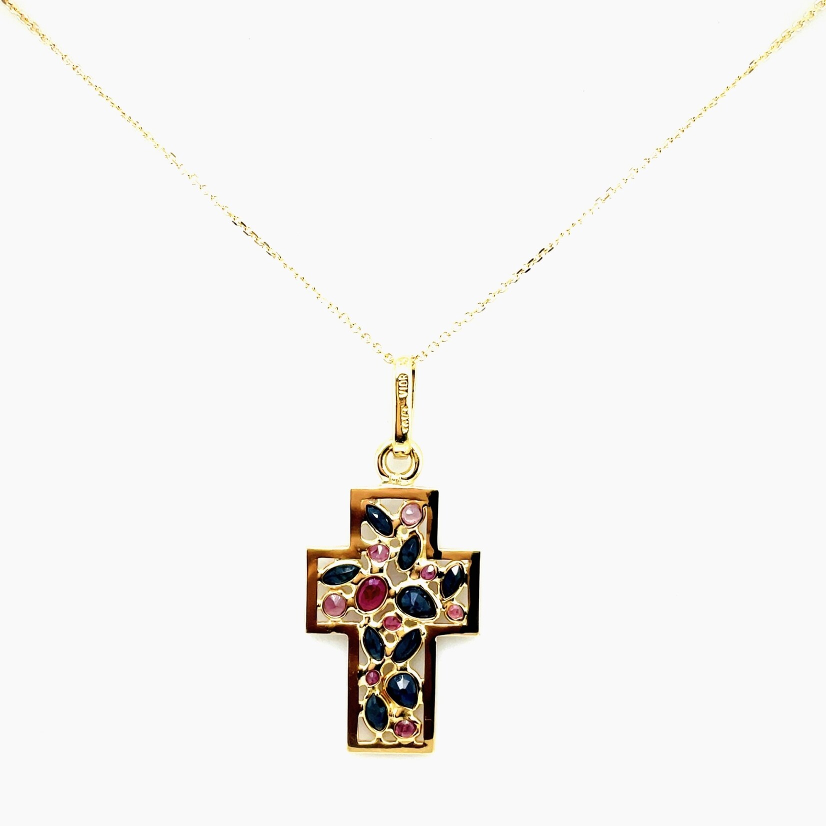 14KT YG Ruby/Sapphire Cross Necklace