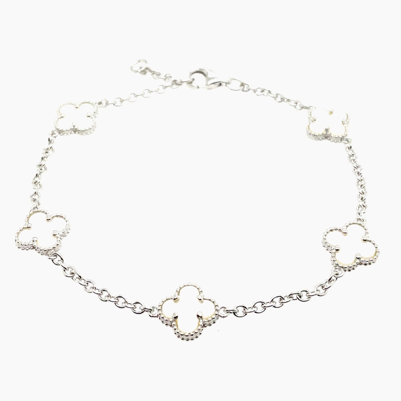 Sterling Silver /Rhodium Silver Clover  Adj Bracelet 6.5 to 7.5