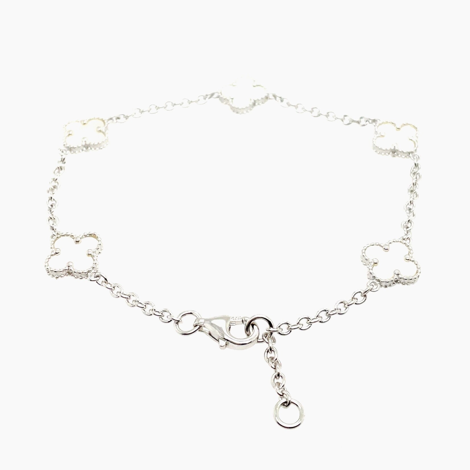Sterling Silver /Rhodium Silver Clover  Adj Bracelet 6.5 to 7.5